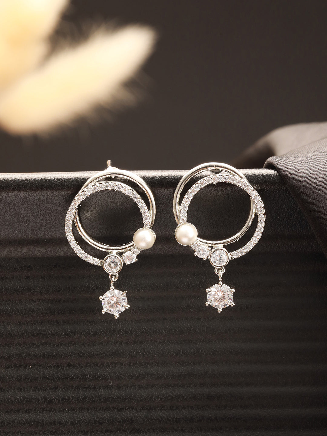 Silver Toned AD Studded  Hoop Drop Earrings
